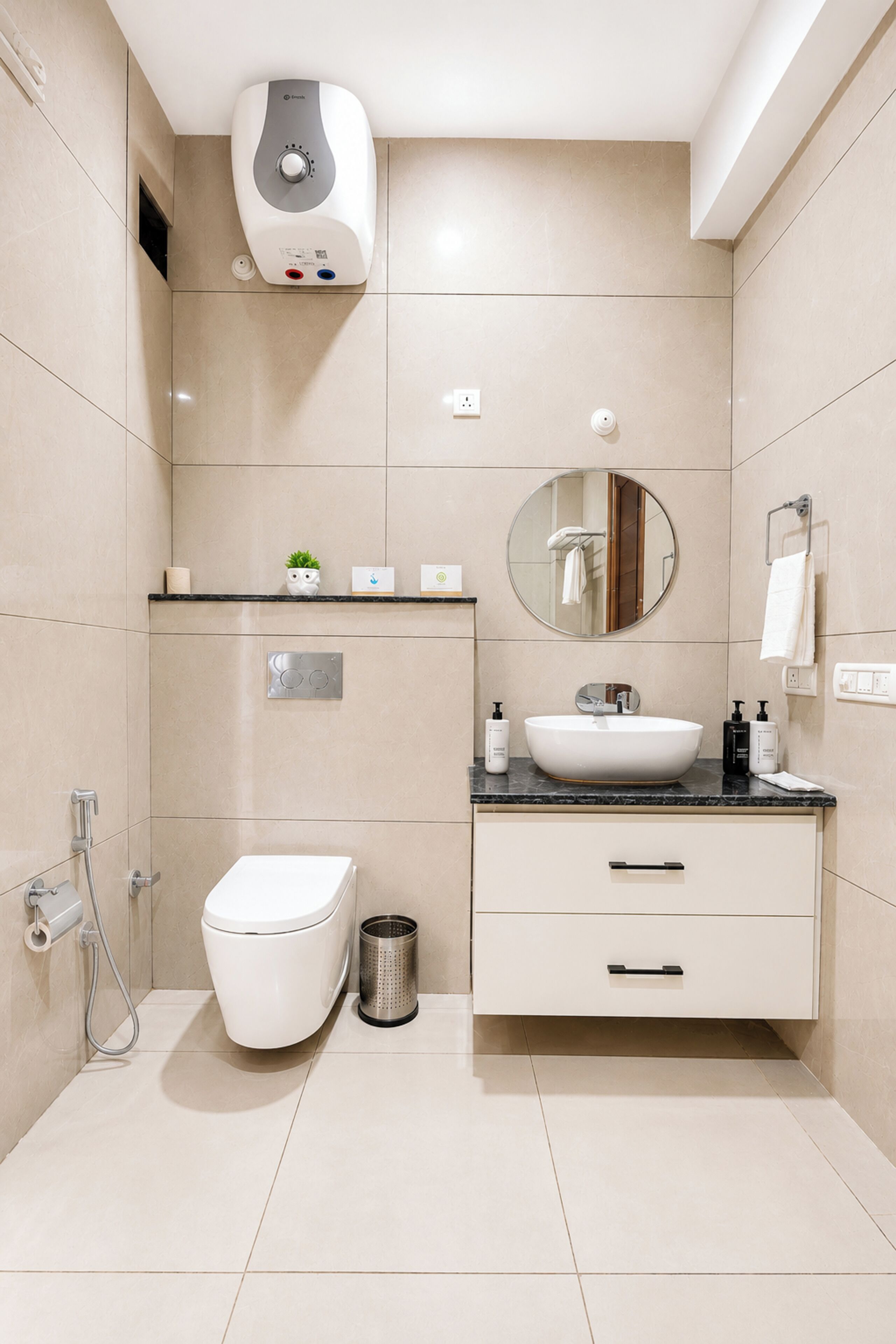 Un bagno moderno con il water, un lavandino, uno specchio e un asciugamani ad aria montato sulla parete.