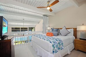 Une chambre d’hôtel équipée d’un lit, d’une télévision, d’un ventilateur de plafond, d’une table de chevet et offrant une vue sur une piscine.
