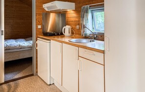 En kompakt kitchenette med komfur, elkedel og vask, trævægge, og en seng i det tilstødende rum.