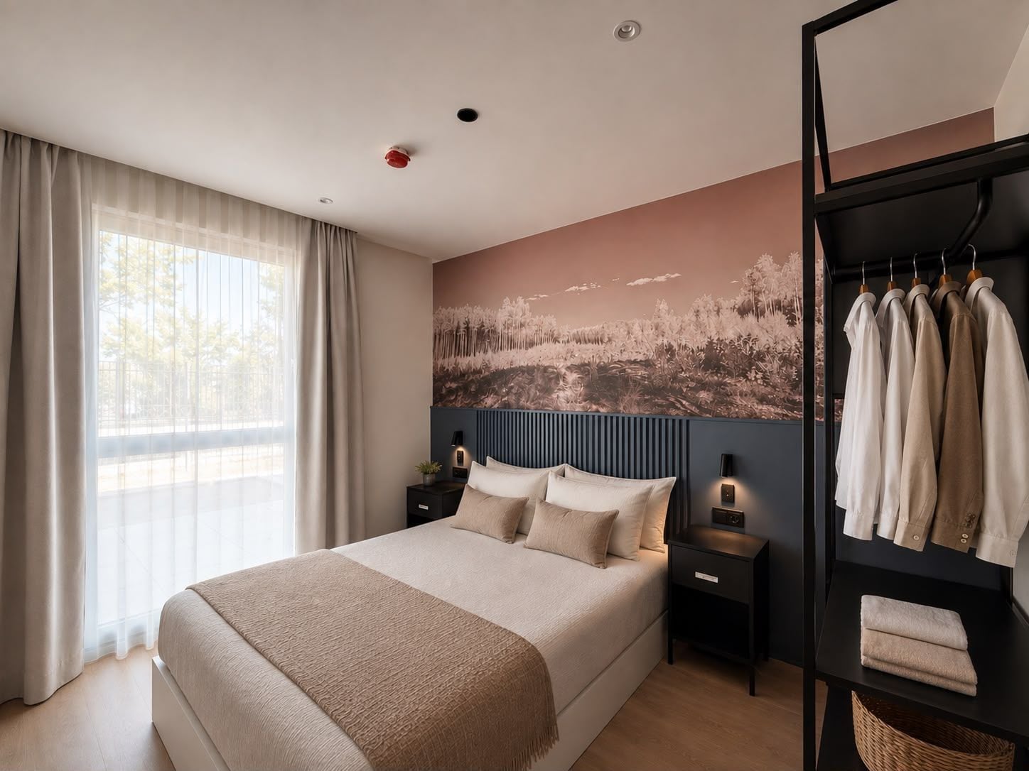 Quarto moderno com uma cama grande, cabeceira com linhas verticais, prateleira na parede com roupas e janela com cortinas.
