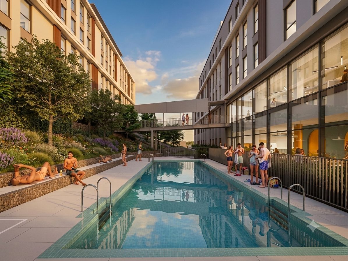Area piscina con un edificio completamente vetrato su un lato e una passerella coperta sull'altro.