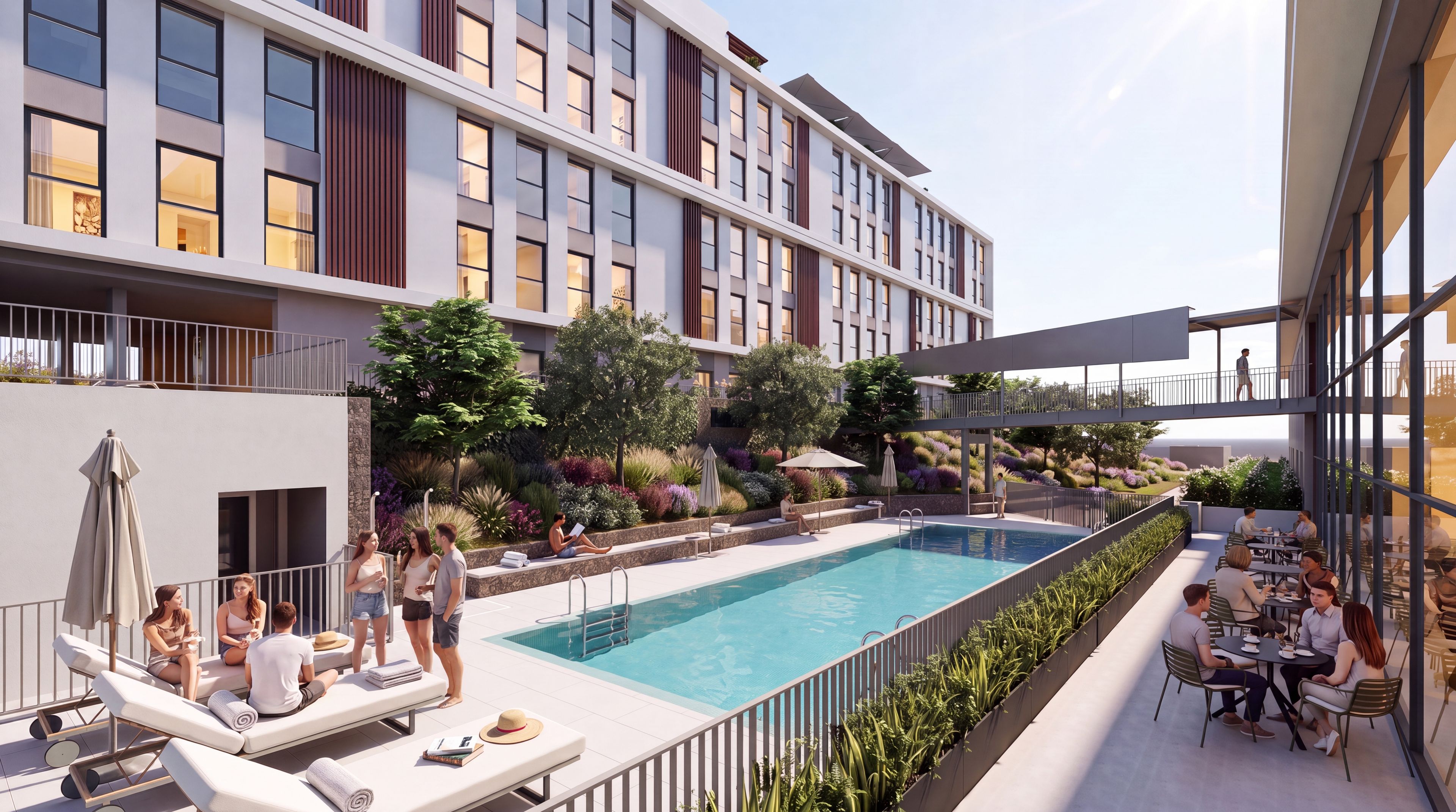 Un hotel moderno con piscina en la azotea, mobiliario exterior y jardín ajardinado.