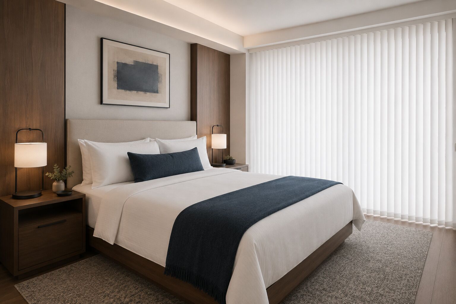 Ein Hotelzimmer mit einem großen Bett, zwei Nachttischen inklusive Lampen, einem gerahmten Kunstwerk an der Wand und einem Fenster mit Jalousien.