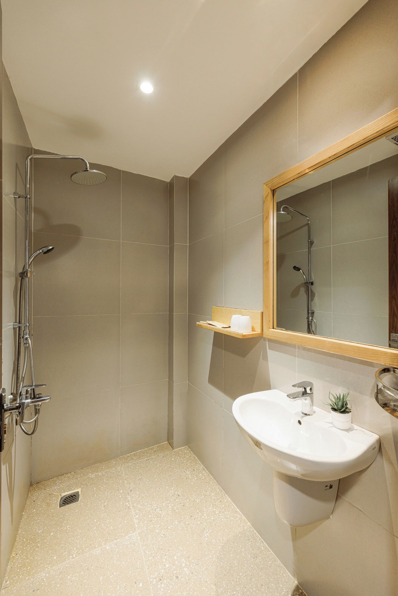 A modern bathroom with a shower, sink, and mirror.