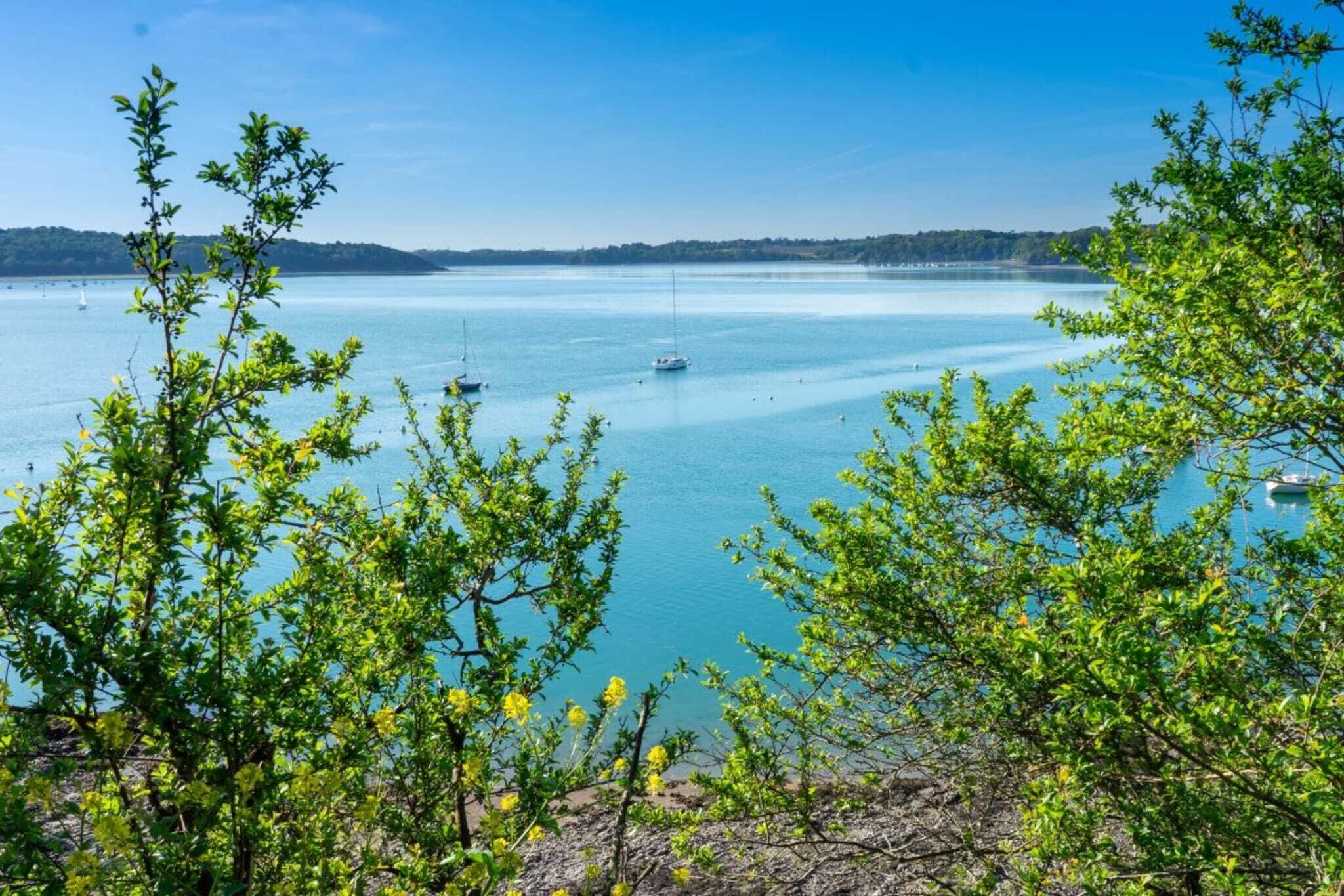 Ett kustlandskap med fri utsikt över havet, båtar och den omgivande vegetationen.