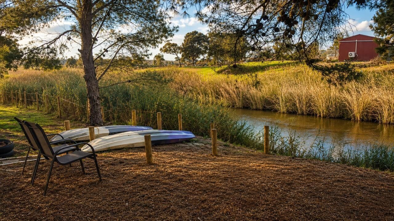A riverside setting with a bench and canoes, a red building in the background, and a grassy field.