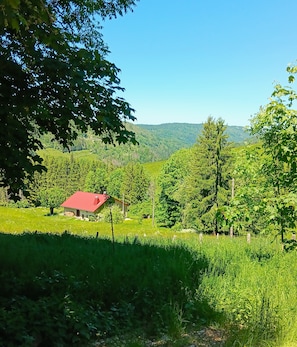 A rural landscape with a red-roofed building surrounded by lush greenery and trees. - Spacious mountain home for families and groups in the Haut Jura! (Les Bouchoux)