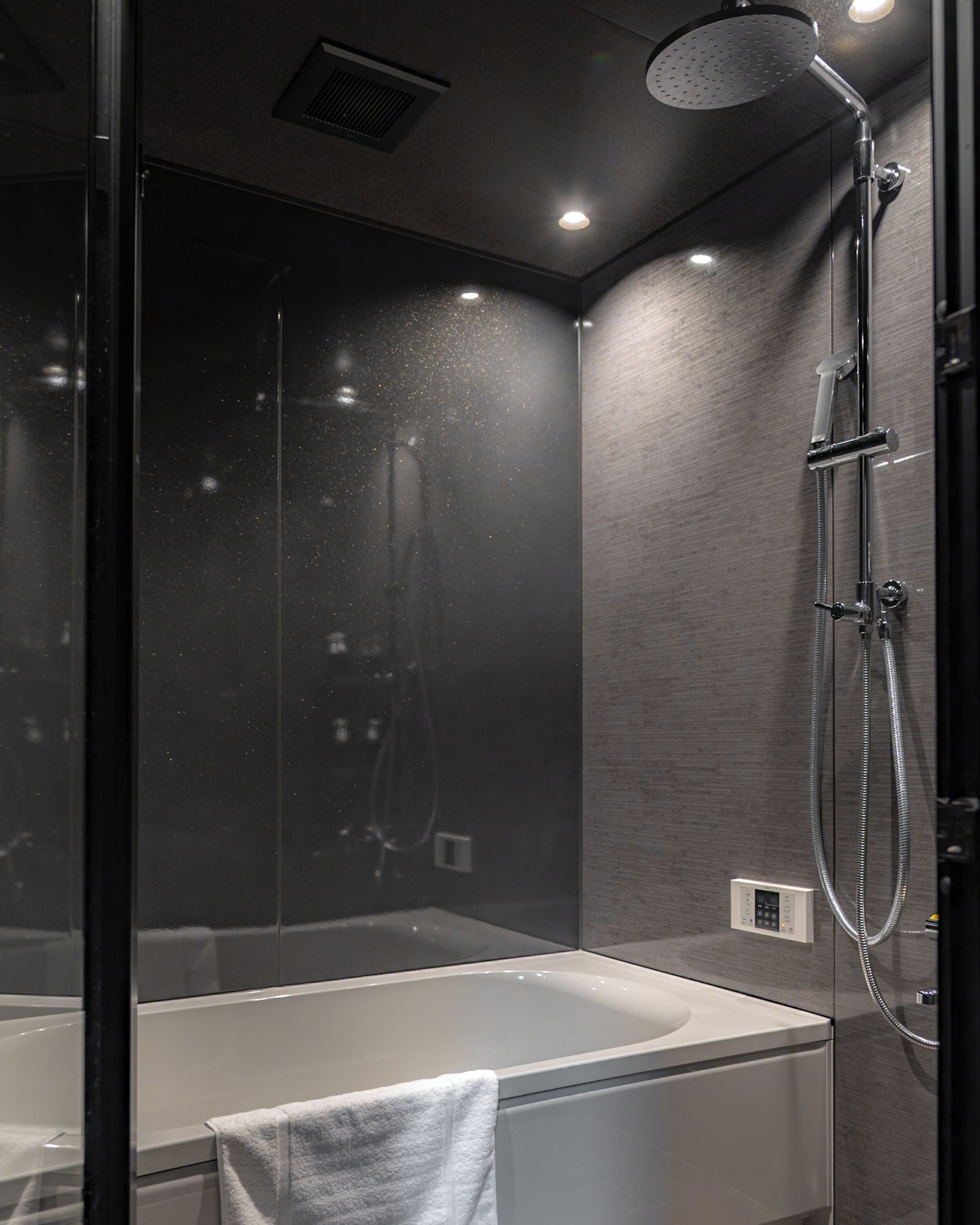Une salle de bain moderne dotée d’une douche à parois de verre, d’une baignoire sur pied et d’un panneau de commande pour les éléments d’eau.