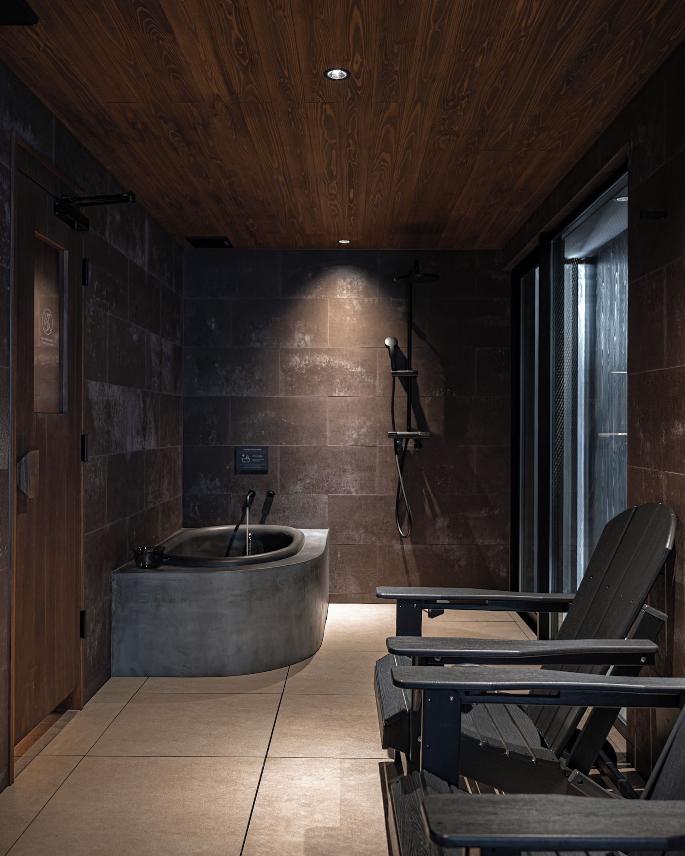 Une salle de bain moderne avec un plafond en bois, une baignoire sur pieds et un banc.