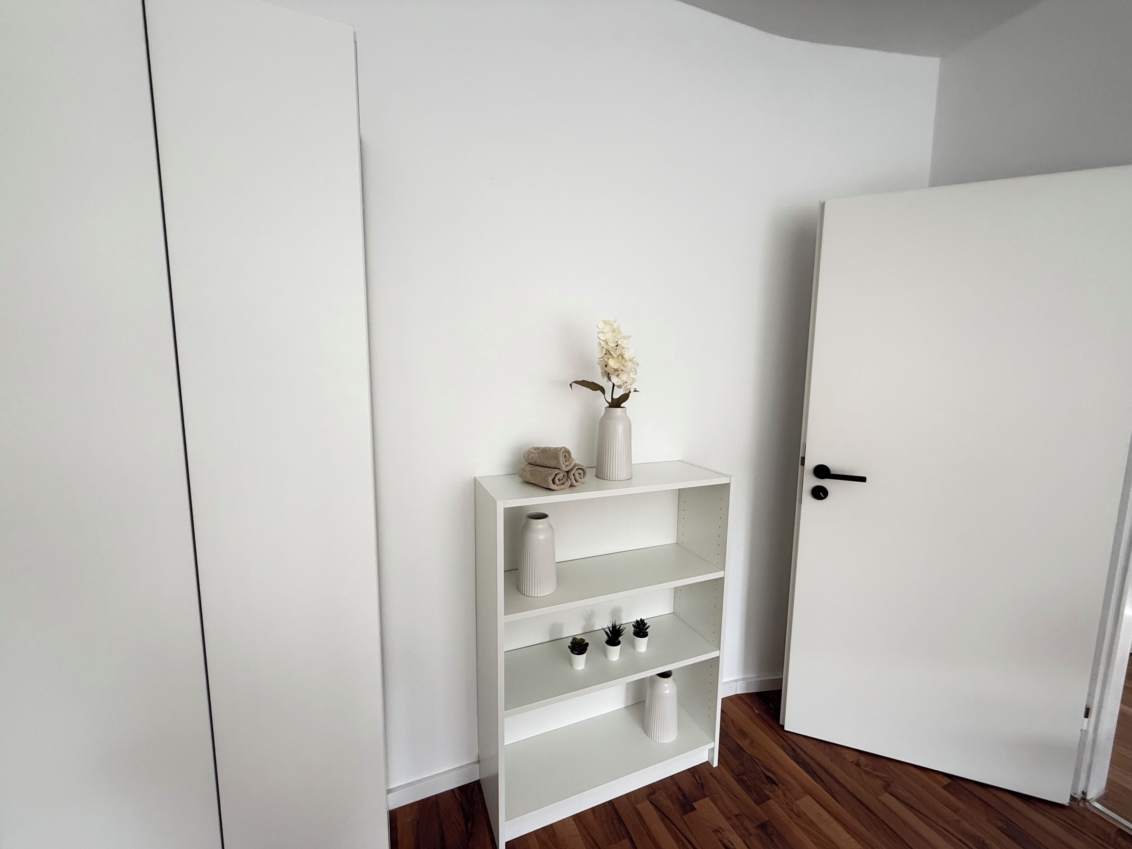 Una puerta blanca con pomo negro, una estantería blanca con un florero y plantas, y suelo de madera.