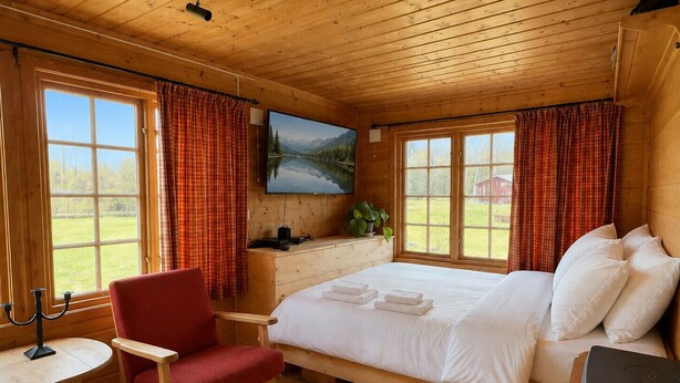 A wooden cabin room with a bed, a chair, a desk, a TV, and a fireplace.