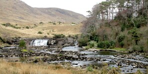 Eine natürliche Landschaft mit einem Wasserfall, felsigem Flussbett und dichter Vegetation.
