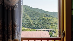 A view from a balcony overlooking a forested mountain, with a bridge and buildings in the distance.