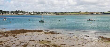 A coastal scene with boats on calm waters, a sandy beach, and a distant shoreline with houses.