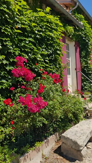 A building with a red door, a window, and a concrete bench. - Bungalow "À l'Orée des Bois" with Shared Pool, Wi-Fi, and Air Conditioning (Monfaucon)