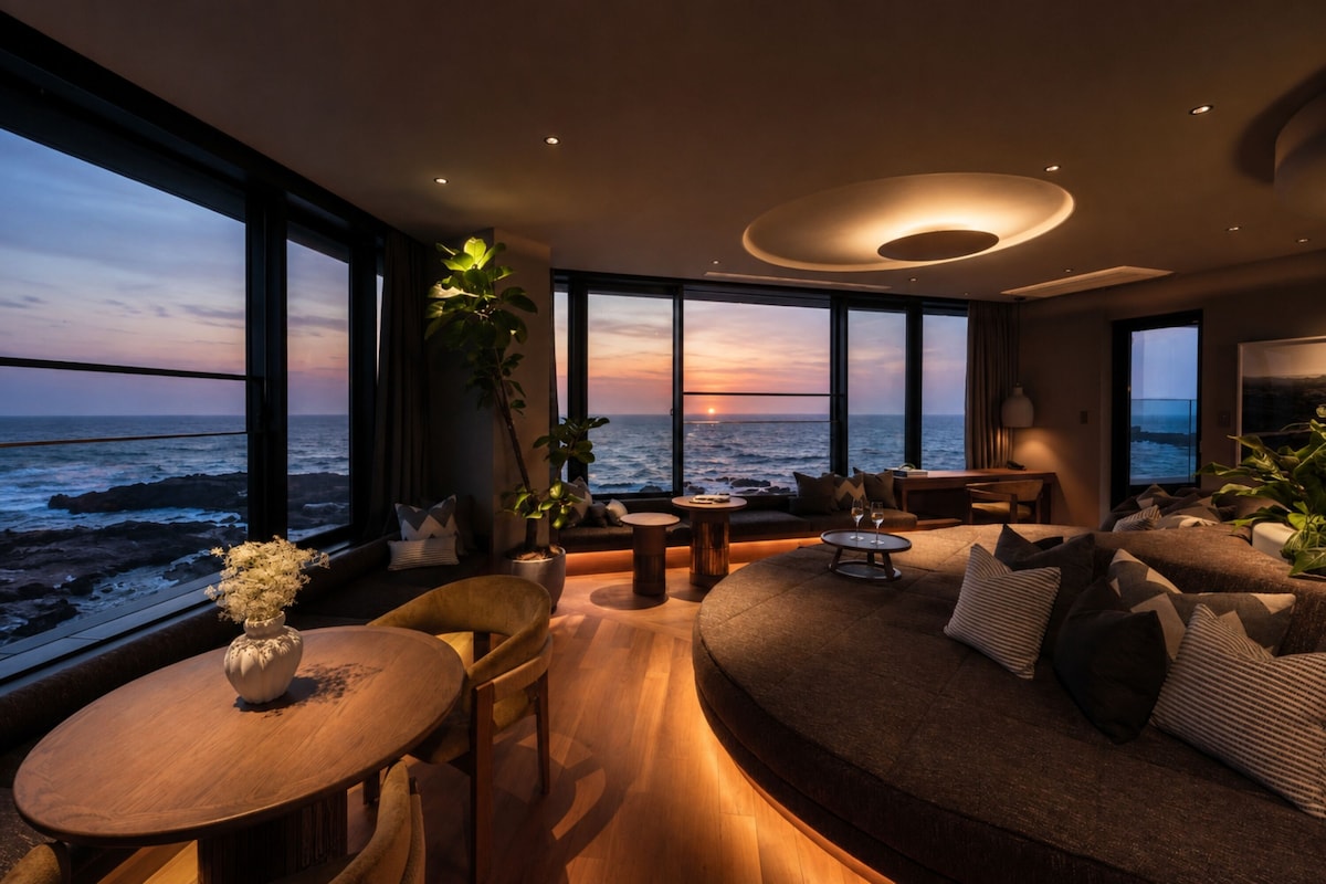 A modern living room with a view of the ocean at sunset, featuring a sofa, a coffee table, and a dining area.