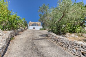 A stone pathway leading to a building with a blue facade and arched windows. - Casa Tarantini – The House of Capers and Grapes (Corsano)