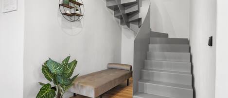 A modern interior with a staircase, a bench, a potted plant, and a wall-mounted shelf.