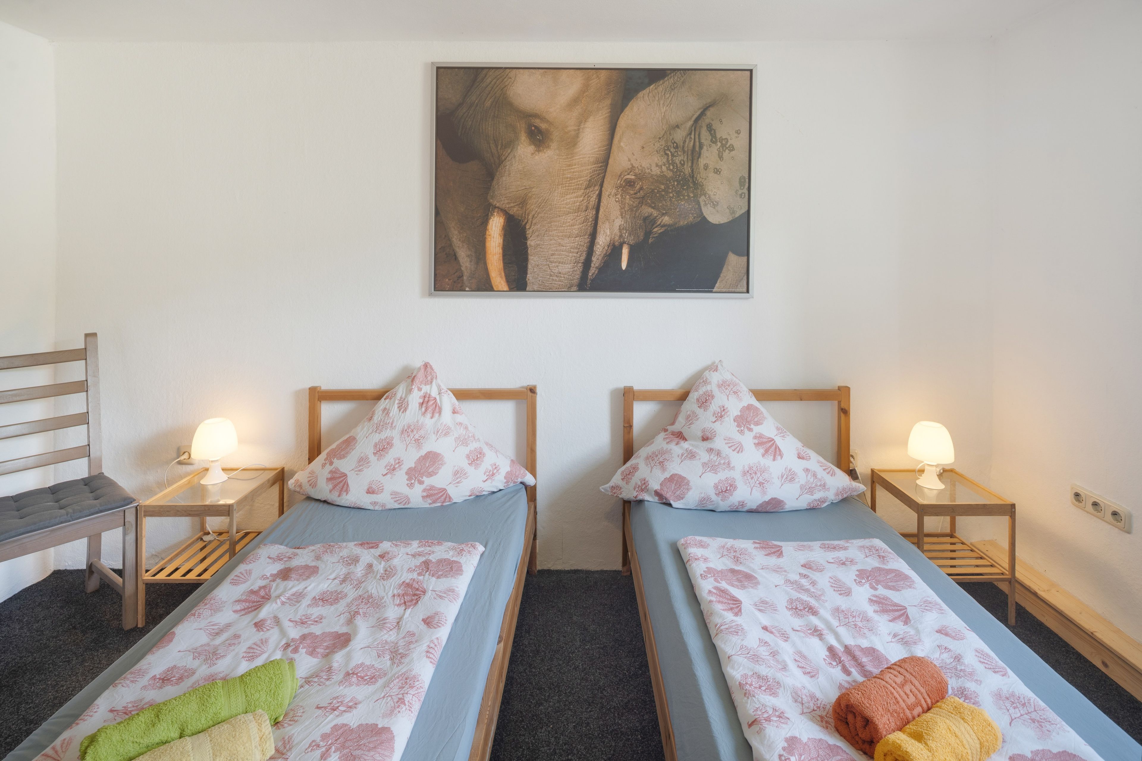 Une chambre avec deux lits simples, chacun doté d’une tête de lit en bois, d’une table de chevet et d’une lampe. Un tableau encadré représentant un éléphant est accroché au mur, au-dessus des lits.