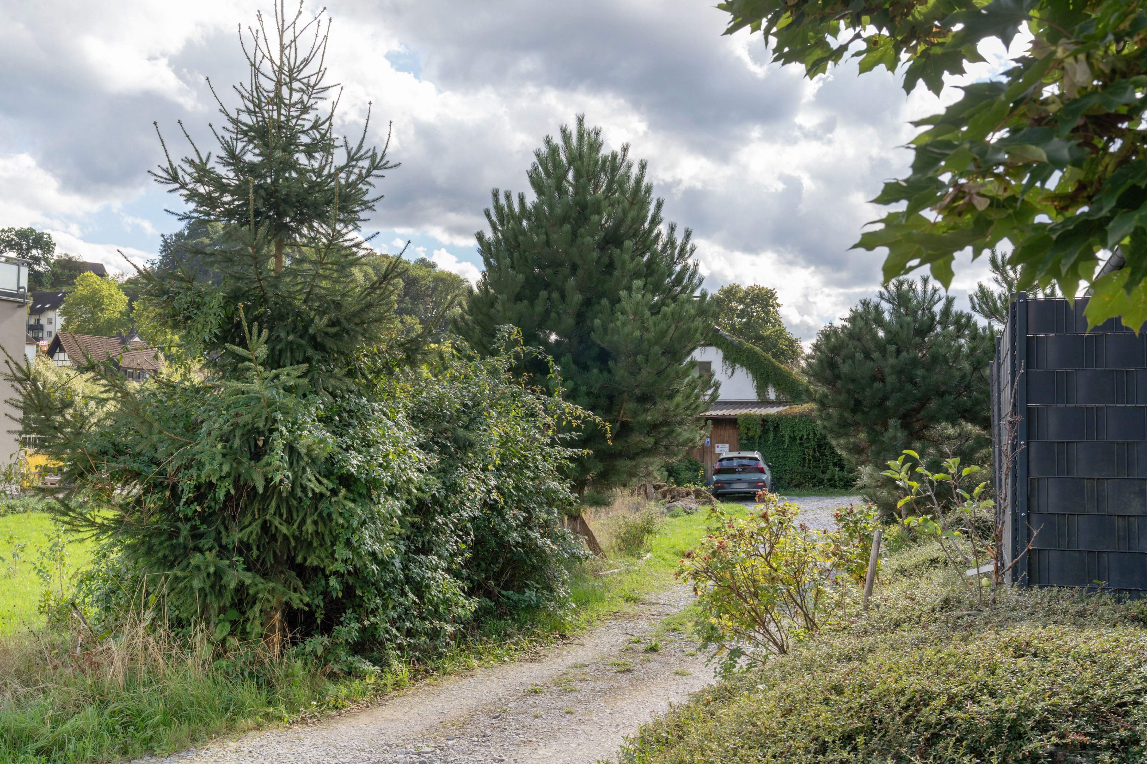Ein Kiesweg führt durch ein Wohngebiet mit Häusern und üppigem Grün.