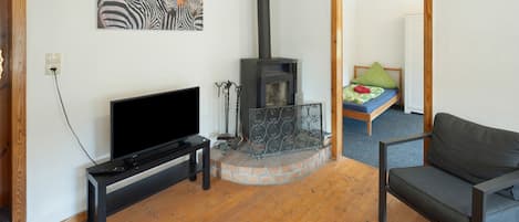 Un salon avec une cheminée, un téléviseur et un canapé.