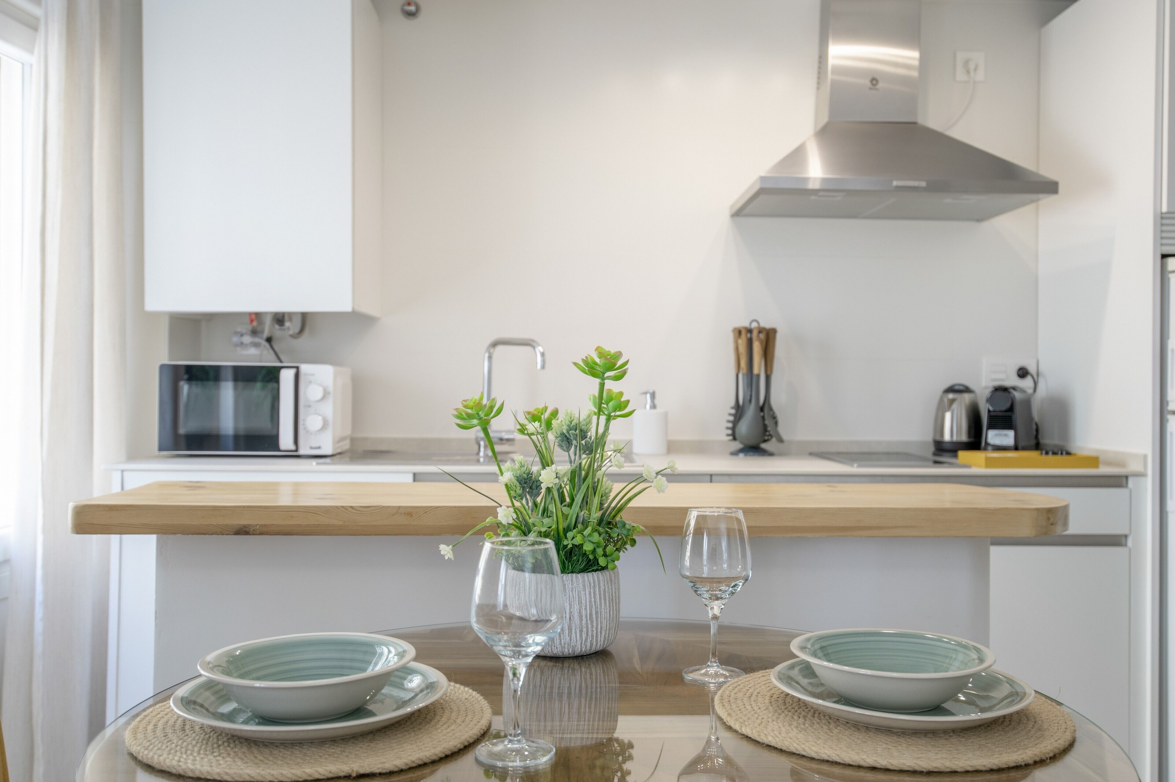 Fridge, microwave, electric kettle, toaster