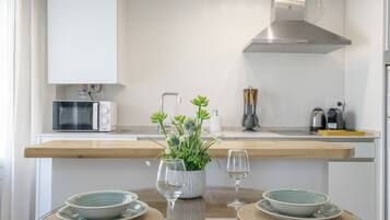 Fridge, microwave, electric kettle, toaster