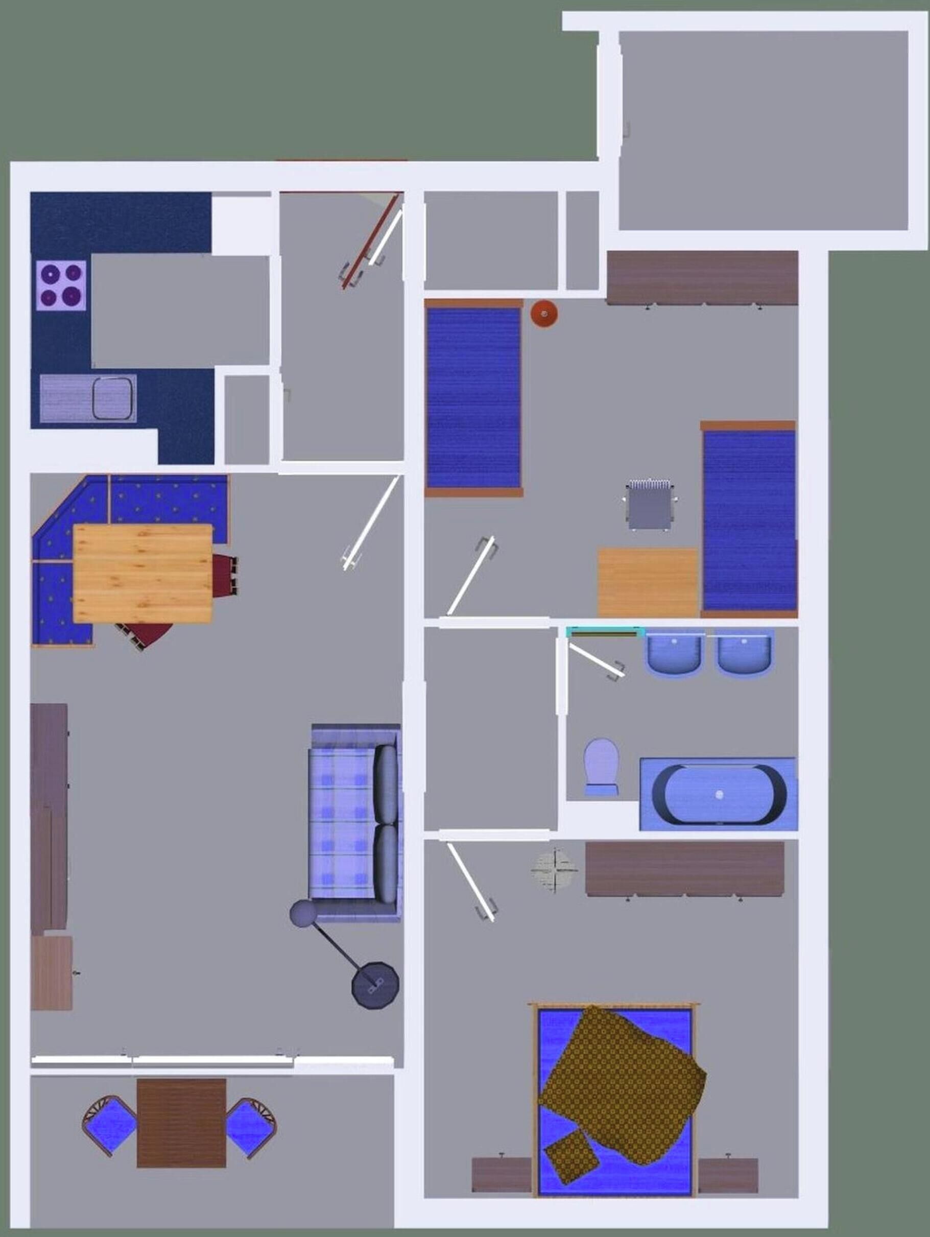 A hotel layout with a kitchen, dining area, two bedrooms, a bathroom, and a small sitting area.