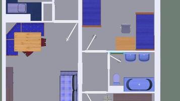 A hotel layout with a kitchen, dining area, two bedrooms, a bathroom, and a small sitting area.