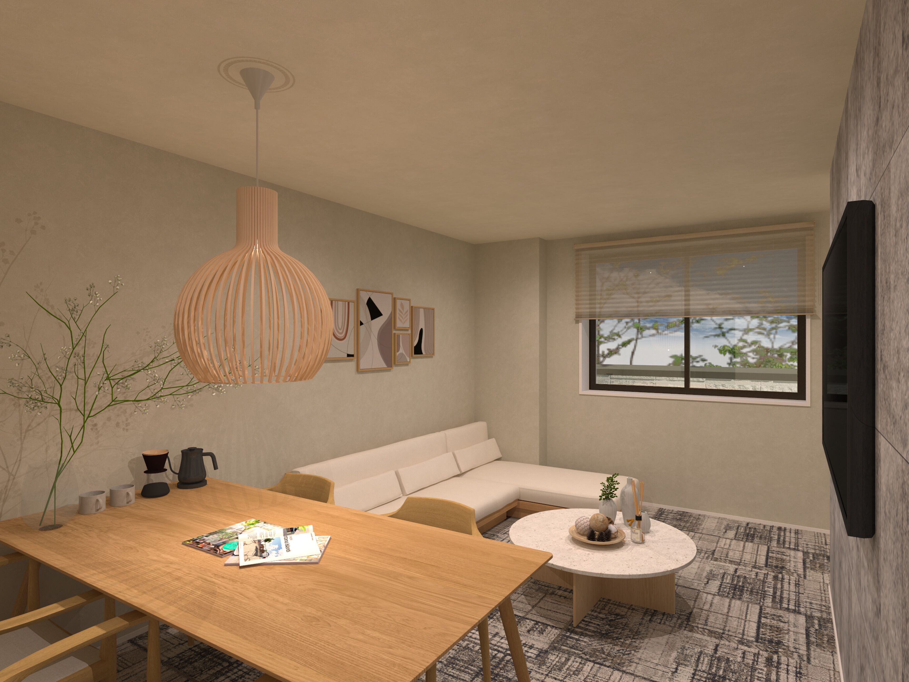 A modern living room with a wooden dining table, a sofa, a coffee table, and a hanging light fixture.