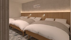 Quarto de hotel moderno com uma cama grande, cabeceira de madeira e design de parede texturizado.