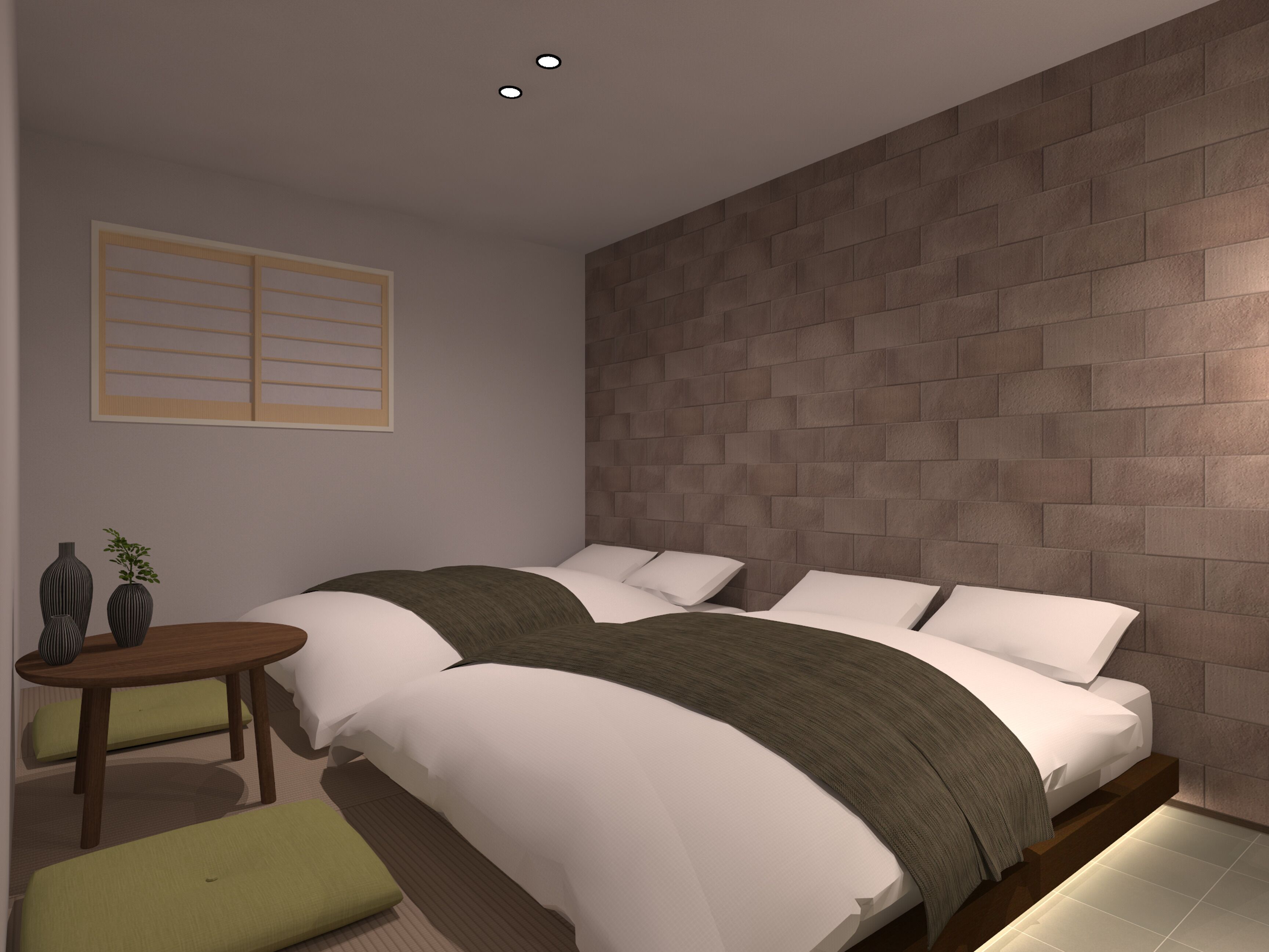 Een moderne slaapkamer met een metselwerk wand, een houten nachtkastje, twee bedden met witte beddengoed en een kleine groene bankje.