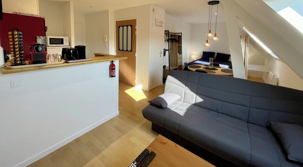 A modern apartment with a living area, kitchenette, and a dining space.