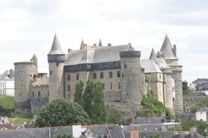 Een historisch kasteel met meerdere torens en een versterkte muur, omringd door woongebouwen.