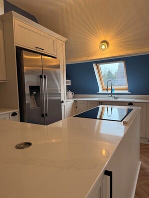 Eine moderne Küche mit Einbaukühlschrank, Spüle und Dachfenster.