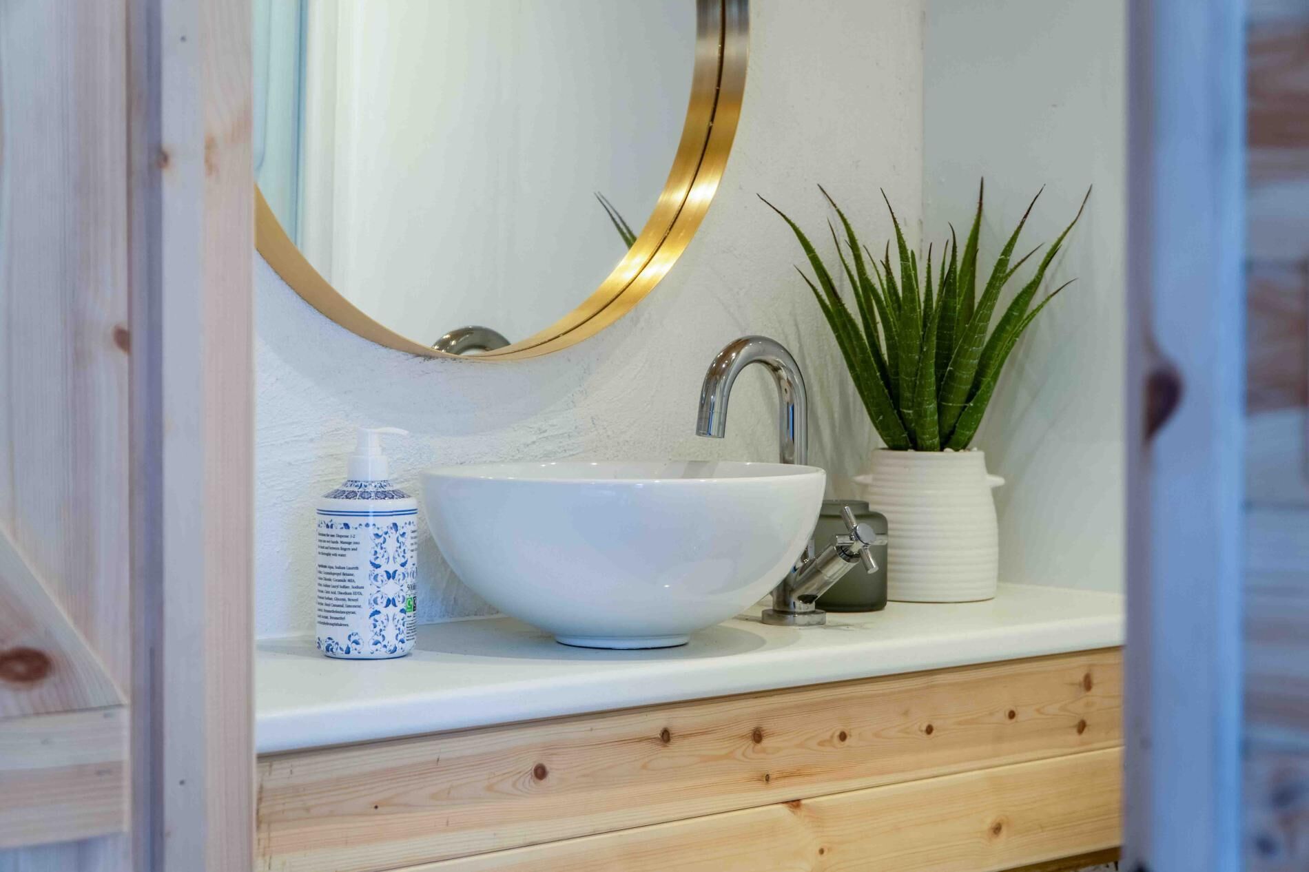 A bathroom with a white sink, a gold-framed mirror, a potted plant, and a bottle of hand soap.