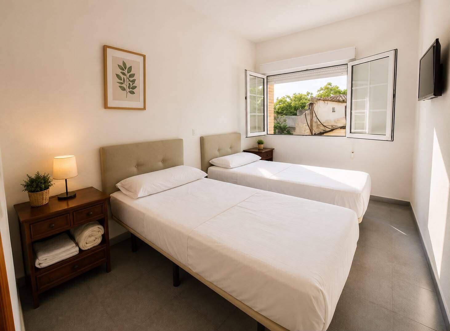 Habitación de hotel con dos camas, una mesita de noche con lámpara, un cuadro en la pared y una ventana con persiana abierta.