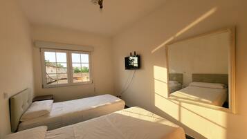 Una habitación con dos camas, un espejo grande, un televisor y una ventana.