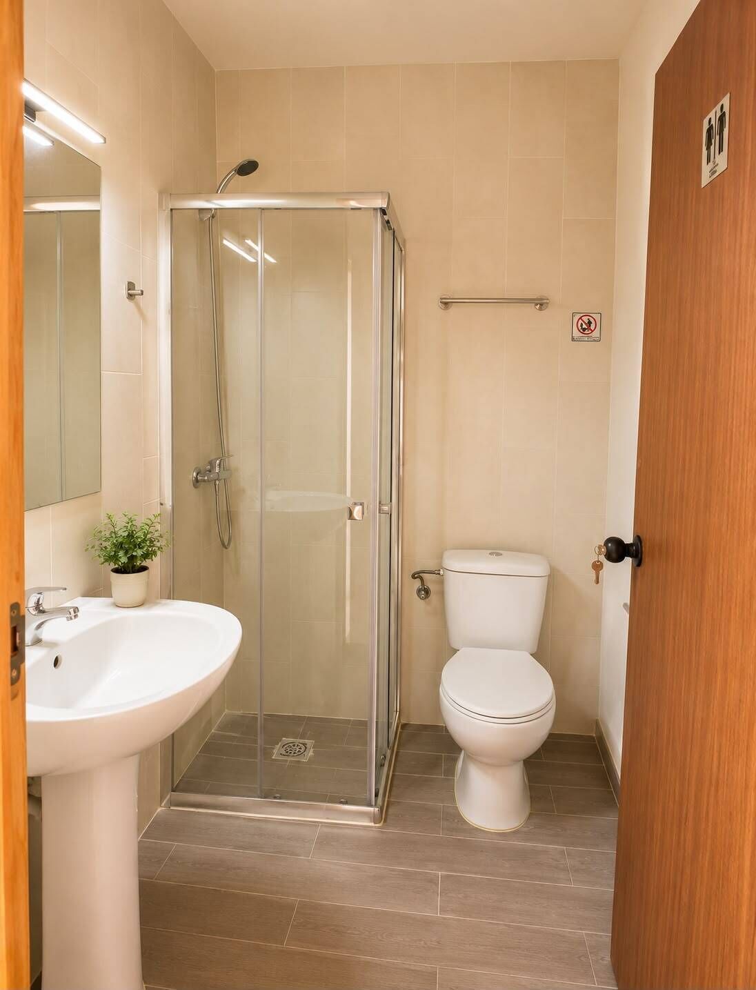 Un baño con ducha de mampara de vidrio, lavamanos blanco y retrete.