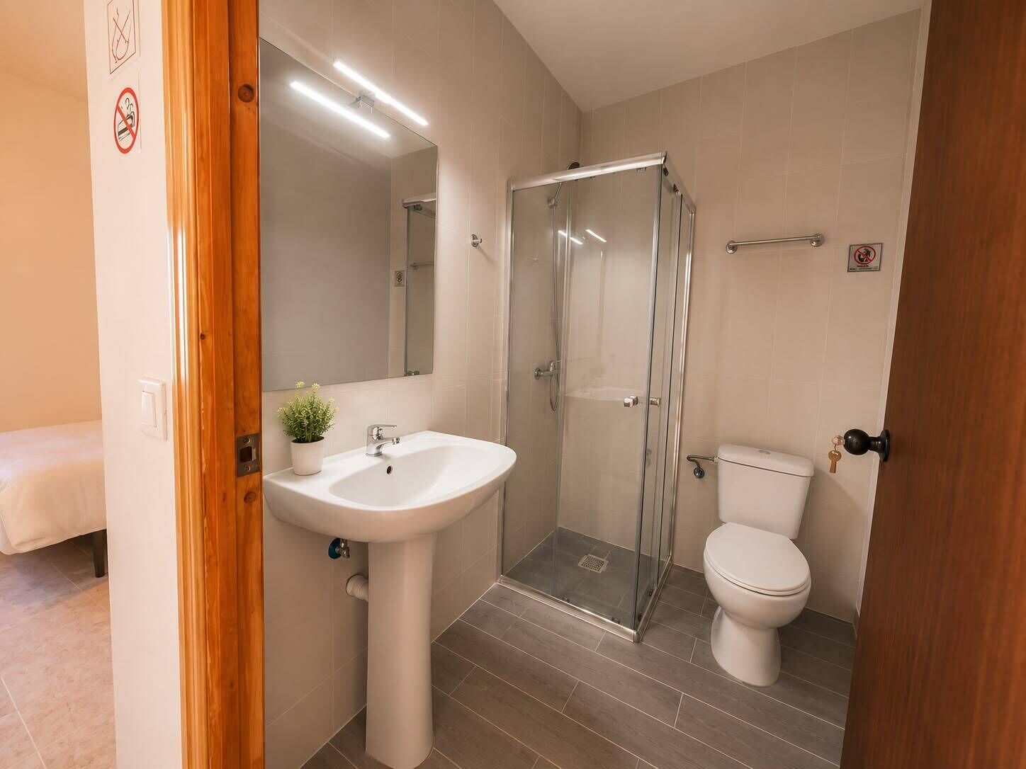 A bathroom with a glass shower enclosure, a white sink, and a toilet.