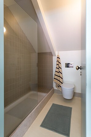 Ein Badezimmer mit Duschkabine aus Glas, einer weißen Toilette, einem Handtuchhalter mit einem gestreiften Handtuch und einem kleinen Teppich auf dem Boden.