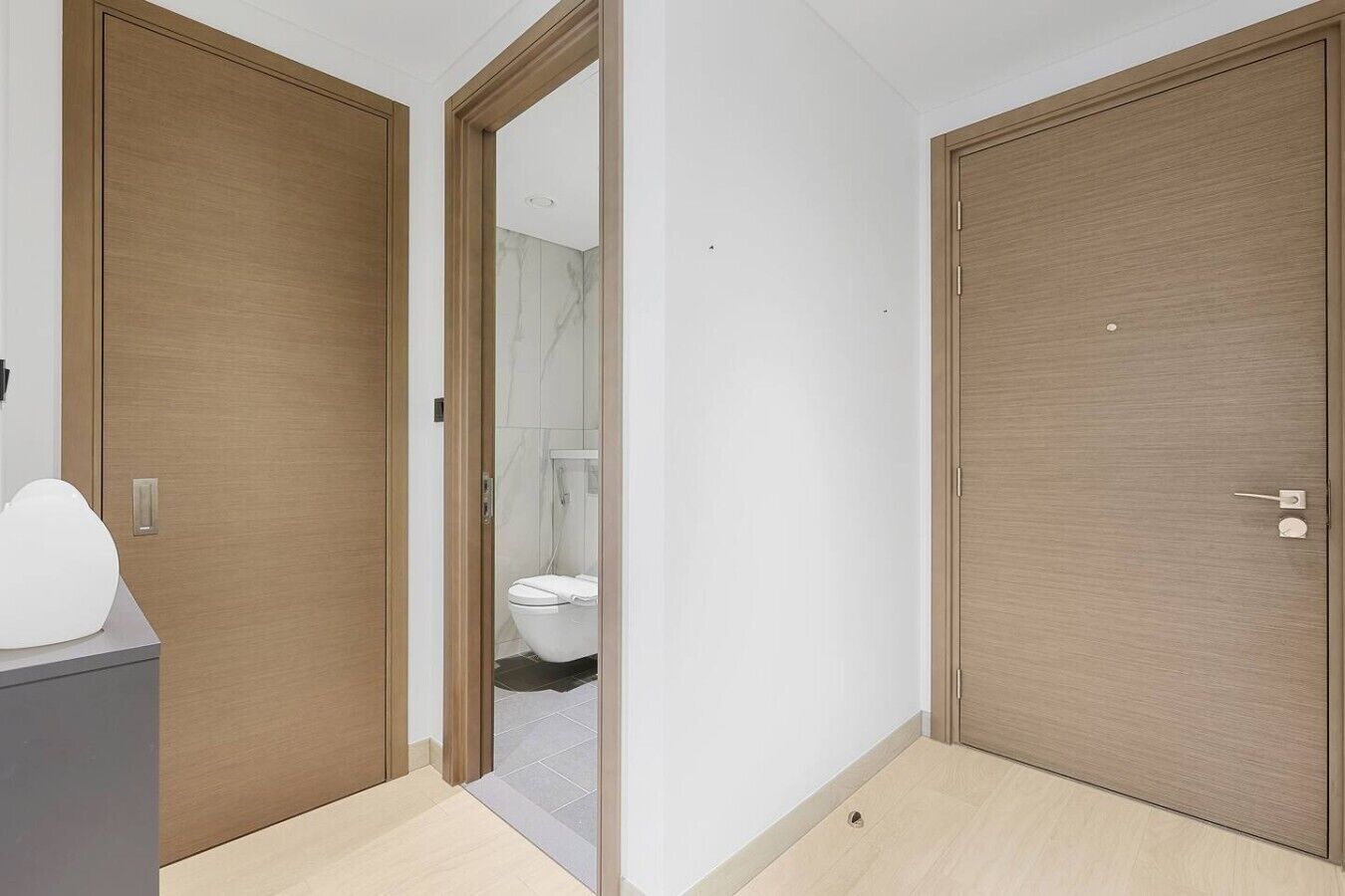 Un pasillo con dos puertas de madera, una de ellas da a un baño con inodoro y espejo.