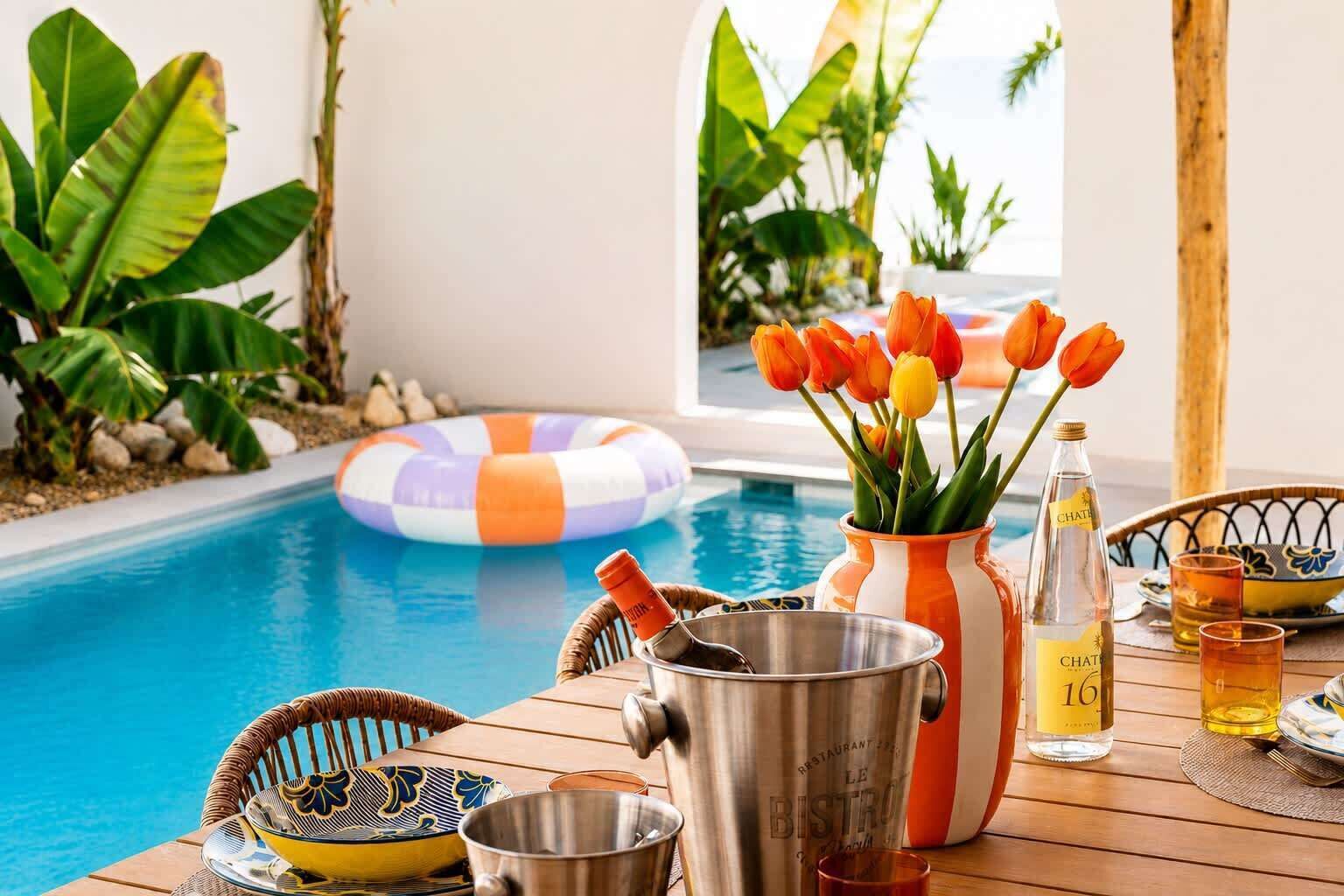 Ein Poolbereich mit Tisch, einer Flasche Chateaudun 16 Wein, einem Metallkübel und einer Vase mit Tulpen.