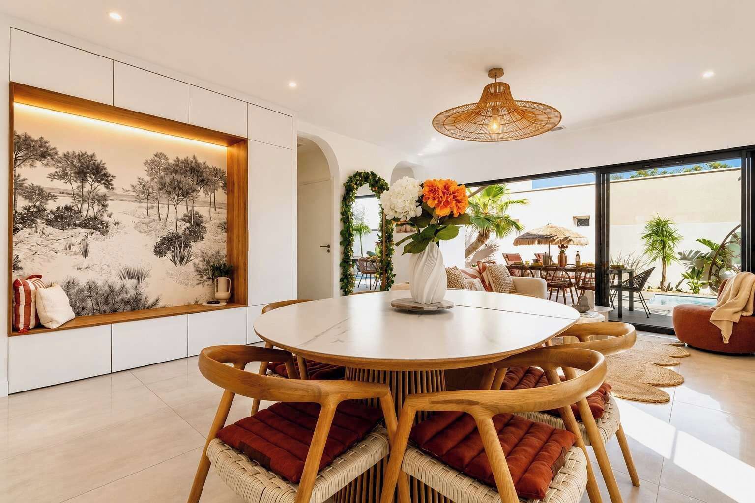 A modern dining area with a round table, wooden chairs, and a vase with flowers.