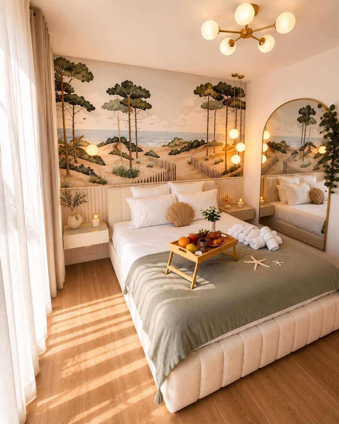 A bedroom with a bed, bedside tables, a tray with fruits and towels, a beach mural, and a large mirror.