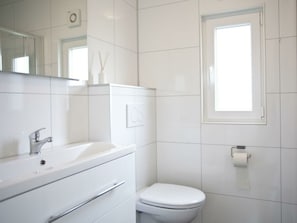 A modern bathroom with a white sink, mirror, and toilet. - Holiday Home in Nijkerk With Terrace (Nijkerk)