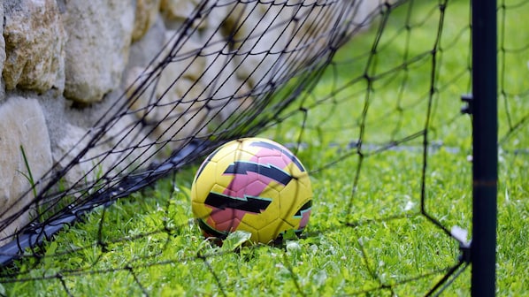 Ein Fußball in der Nähe eines Torpfostens, mit einem Maschendrahtzaun und Rasen.