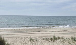 En strand med sand, gräs och havet.