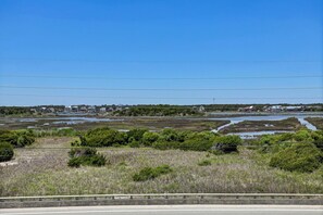 Paisaje costero con una carretera, vegetación y edificios a lo lejos.