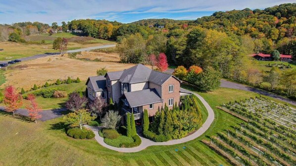 A large two-story house with a well-maintained lawn and a vineyard in the background. - Near Grandfather Mountain + Bistro & Indoor Pool (Sugar Mountain)
